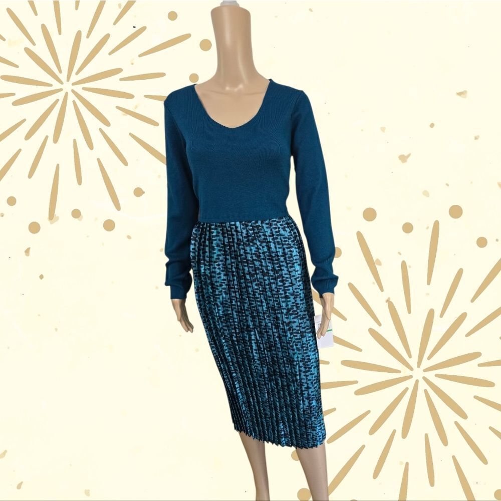 Nina Leonard Blue Teal Midi Dress NWT